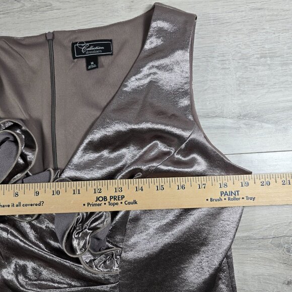 Dress Barn Party Dress Sz 14 Taupe Satin Midi Ruffle Sleeveless V Ruched Evening - Picture 3 of 8